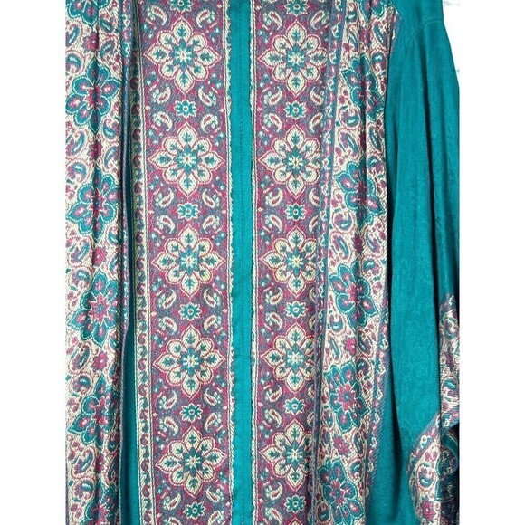 Time For Me Women Sz XL Turquoise Brocade Kimono Boho Print Cardigan Fringe T4 - Picture 7 of 12